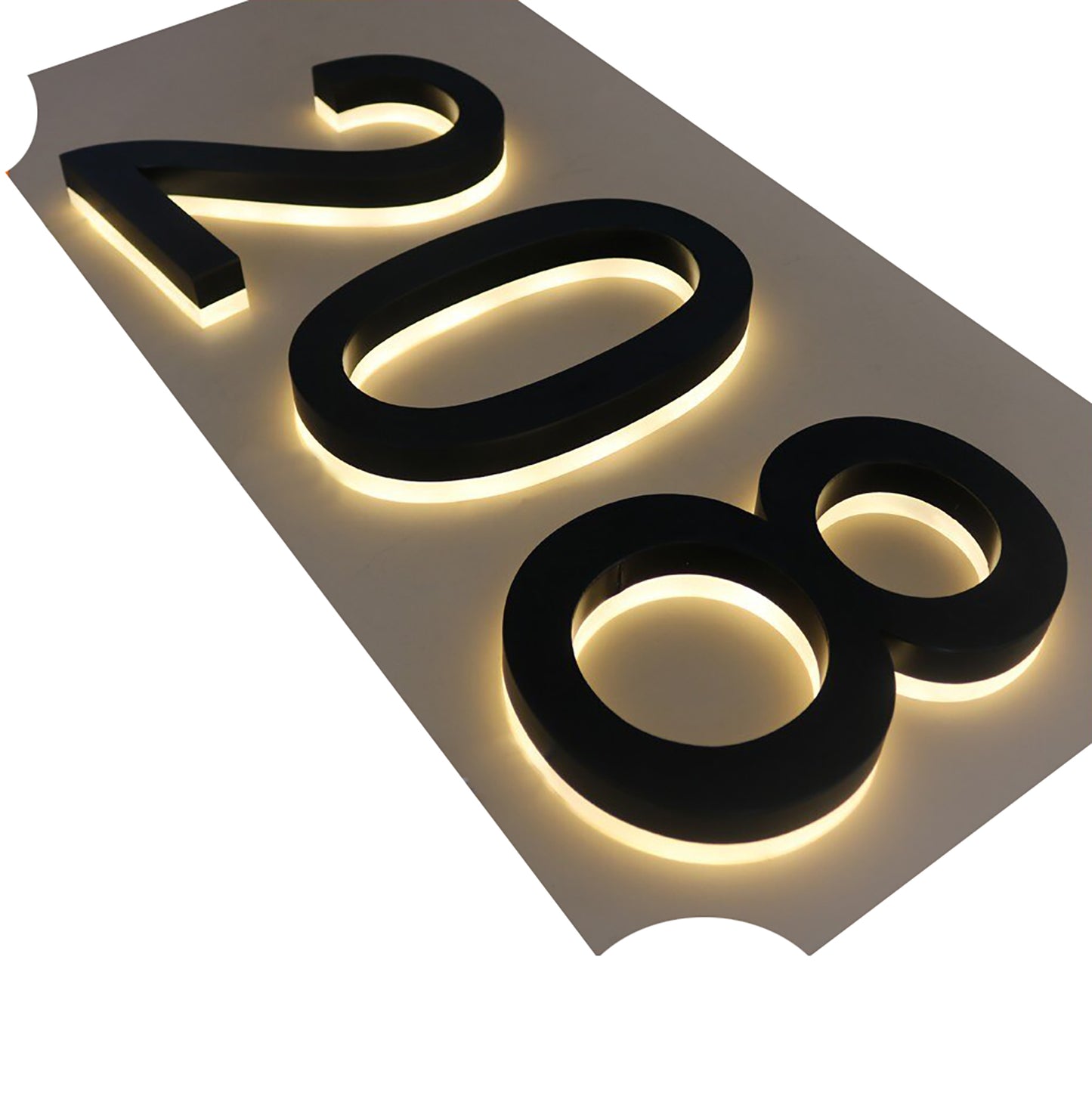 Backlit door numbers, made to order. Select your size, color, font and power sources.