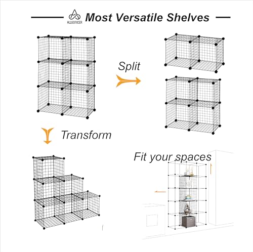 Wire Panel Storage Shelves. Patented Interlock Cubes, Free-standing or Wall-hanging, 14" or 16" cubes, Black or White, Sturdy and Heavy Duty. (12 Cubs)