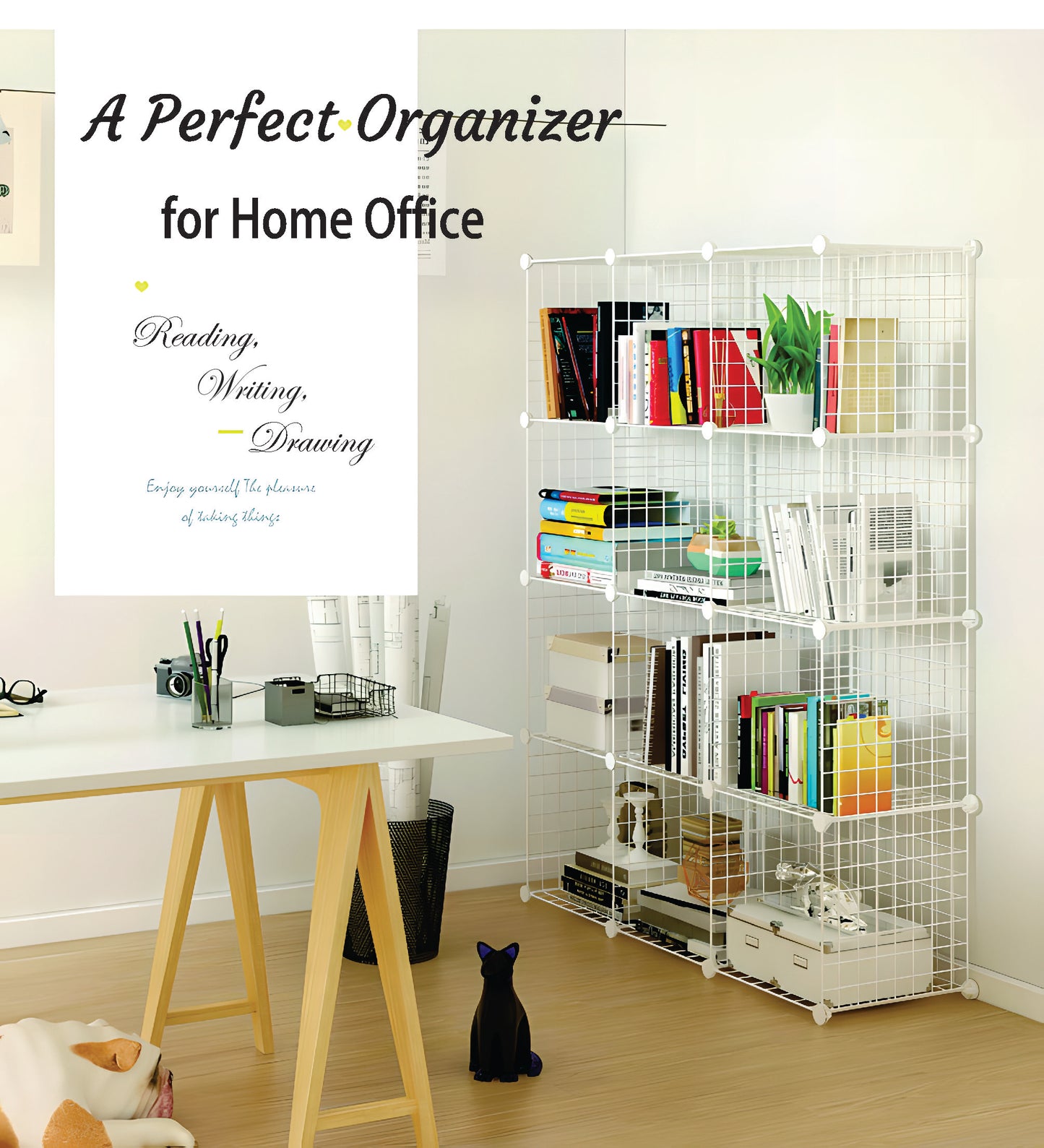 Wire Panel Storage Shelves. Patented Interlock Cubes, Free-standing or Wall-hanging, 14" or 16" cubes, Black or White, Sturdy and Heavy Duty. (12 Cubs)