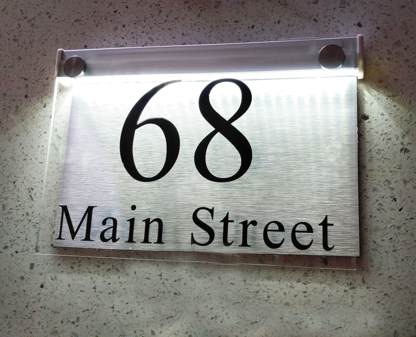 LED Illuminated Modern House Numbers, Rectangle Clear Acrylic and Brushed Aluminum Double Panel