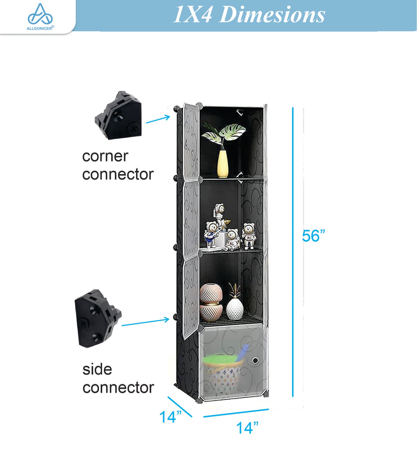 Poly Panel Storage Organizer Shelves, Floor-standing or Wall hanging (1Wx4H=4cubes)