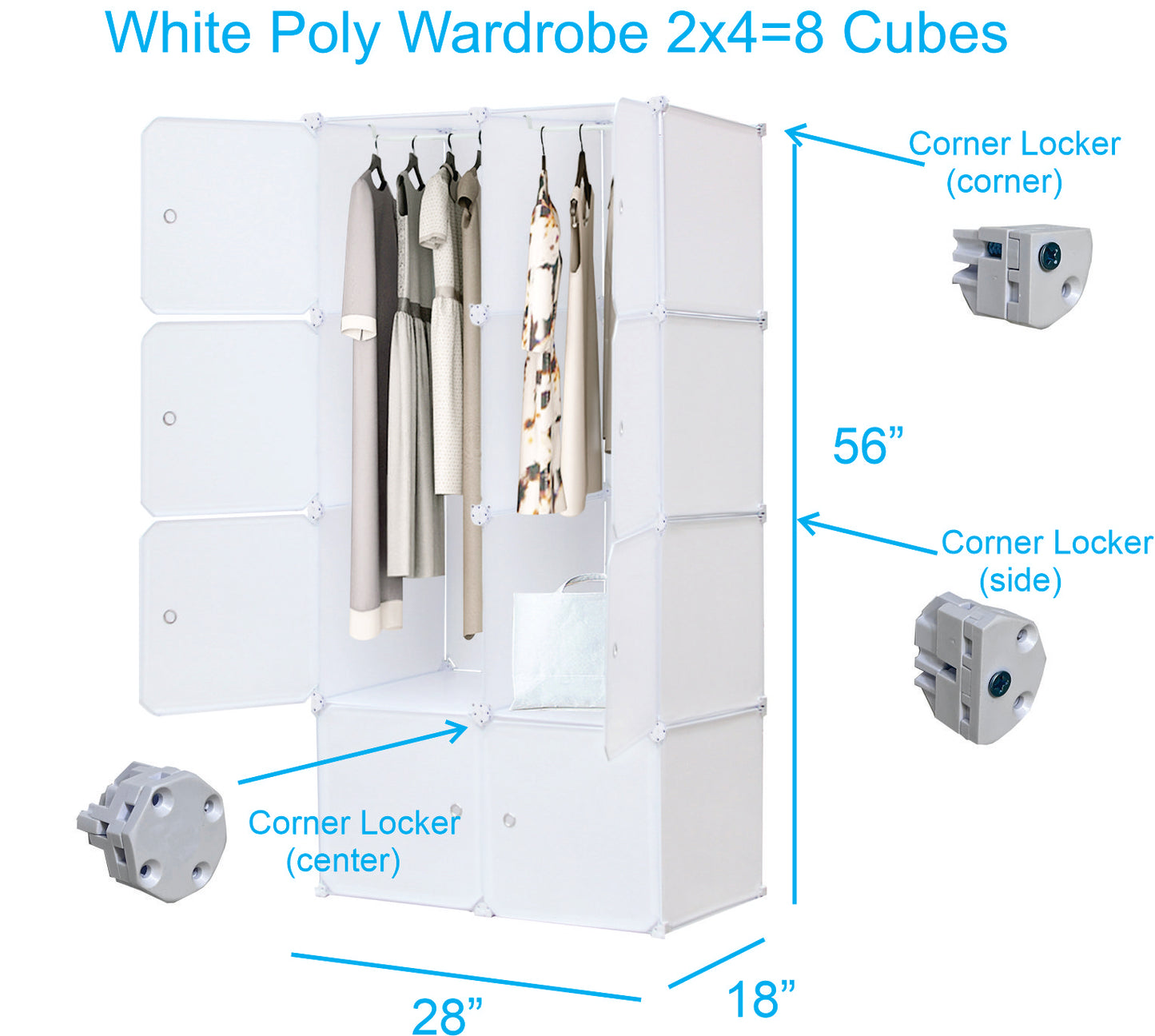 Poly-panel Wardrobes, 14" Wide x18" Deep, 2Wx4H=8 Cubes, Closet Clothes Dresser Storage Organizer