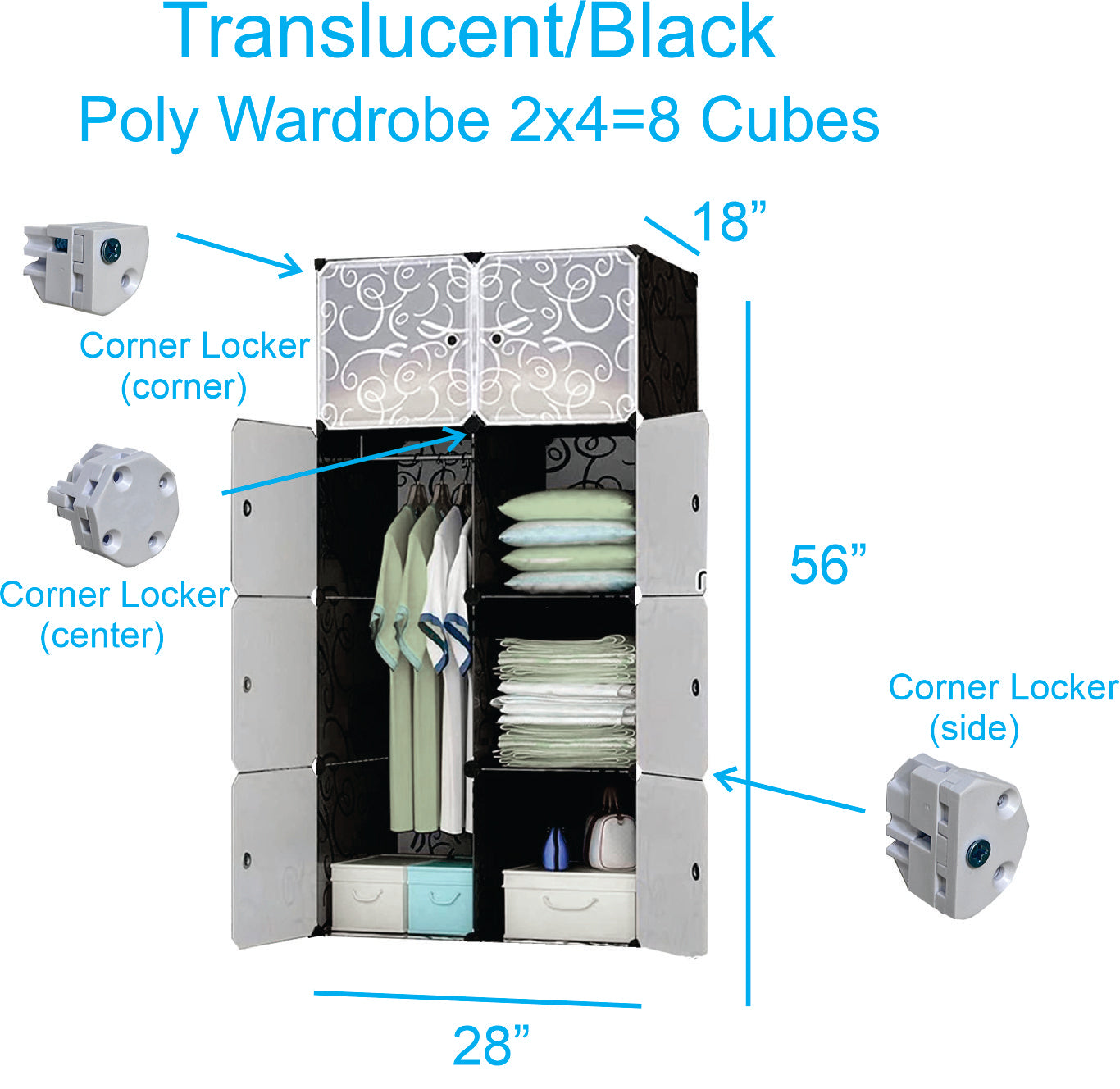 Poly-panel Wardrobes, 14" Wide x18" Deep, 2Wx4H=8 Cubes, Closet Clothes Dresser Storage Organizer