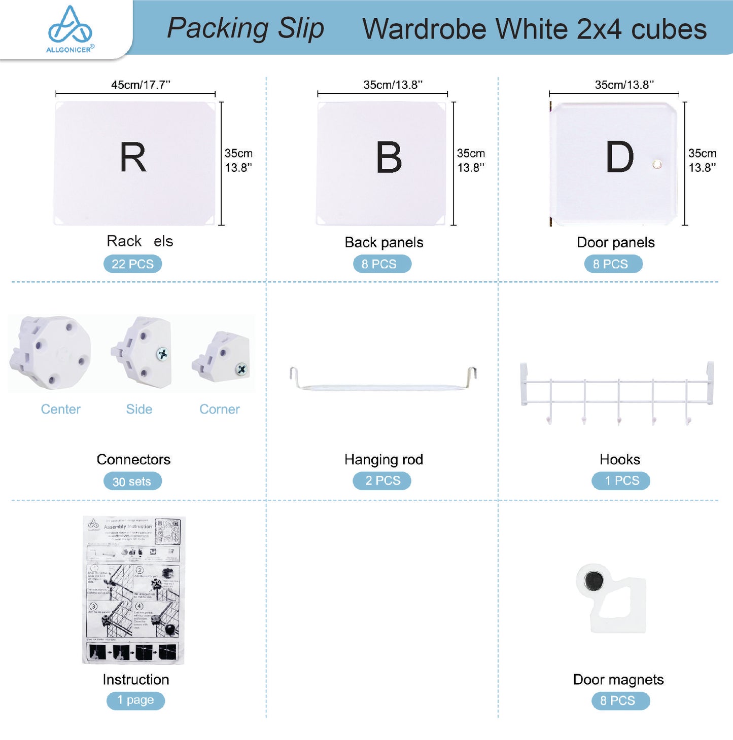 Poly-panel Wardrobes, 14" Wide x18" Deep, 2Wx4H=8 Cubes, Closet Clothes Dresser Storage Organizer