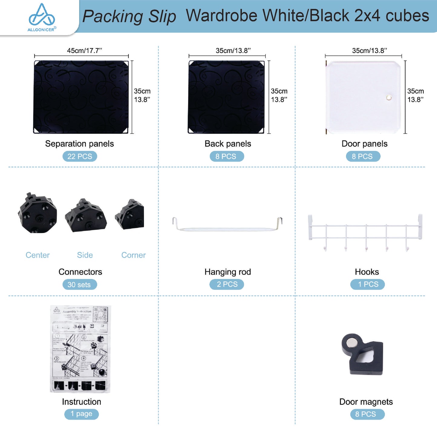 Poly-panel Wardrobes, 14" Wide x18" Deep, 2Wx4H=8 Cubes, Closet Clothes Dresser Storage Organizer