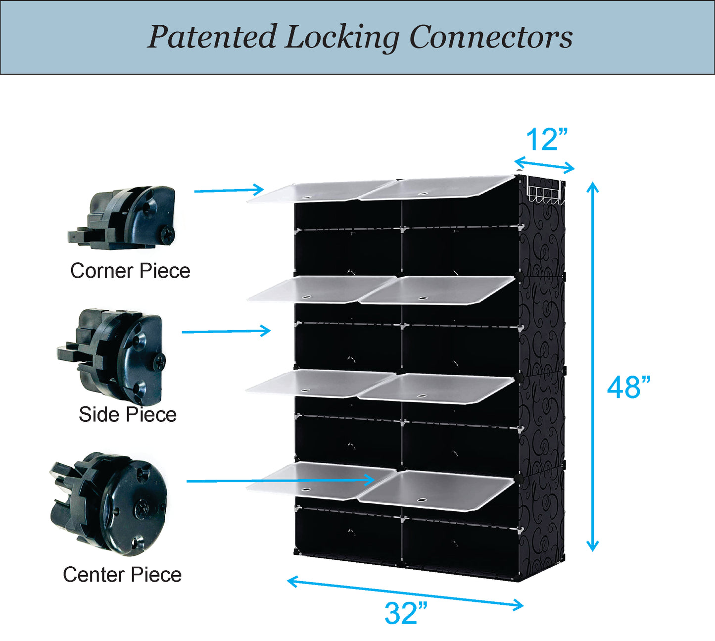 Shoe Racks 2Teir X 8Story fit 32 pair shoes, Patented Interlocked Cubes, Floor-Standing or Wall Hanging, Sturdy and extendable