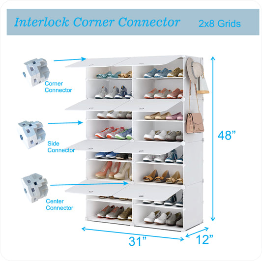 Shoe Racks 2Teir X 8Story fit 32 pair shoes, Patented Interlocked Cubes, Floor-Standing or Wall Hanging, Sturdy and extendable