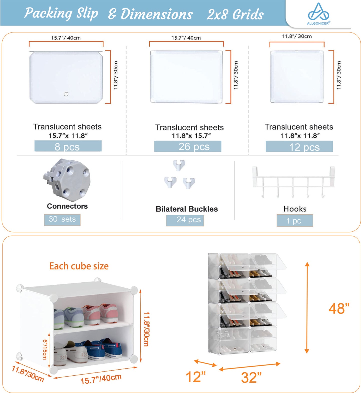 Shoe Racks 3Tierx8Story cubes Organizers Shelves, Floor-Standing or Wall Hanging, Sturdy and extendable. 24Grids (48 pairs)