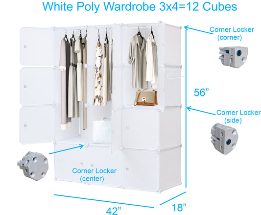 Poly-panel Wardrobes,14" Wide x 18" deep. 3Wx4H=12 cubes, Closet Clothes Dresser Storage Organizer