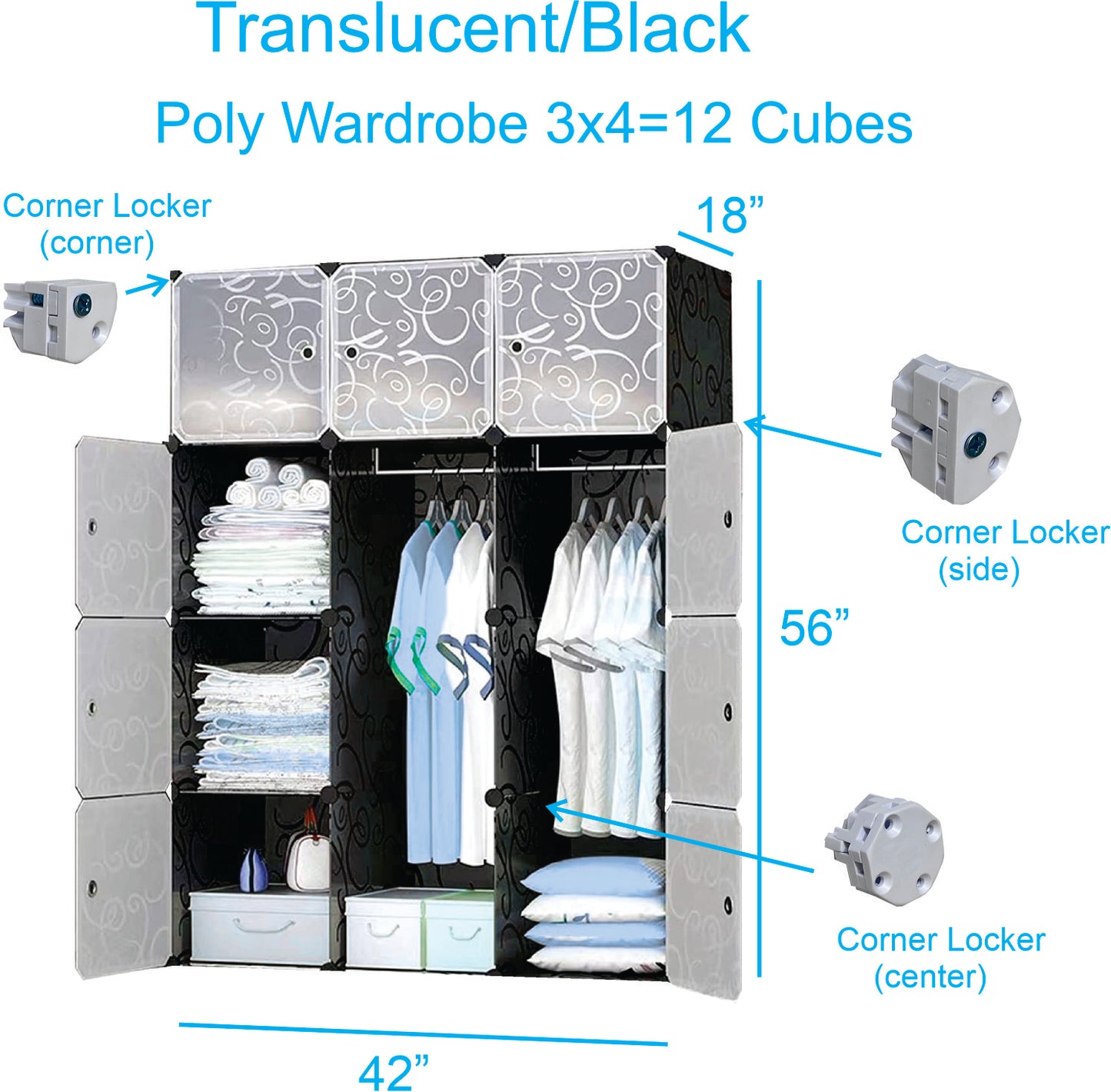 Poly-panel Wardrobes,14" Wide x 18" deep. 3Wx4H=12 cubes, Closet Clothes Dresser Storage Organizer