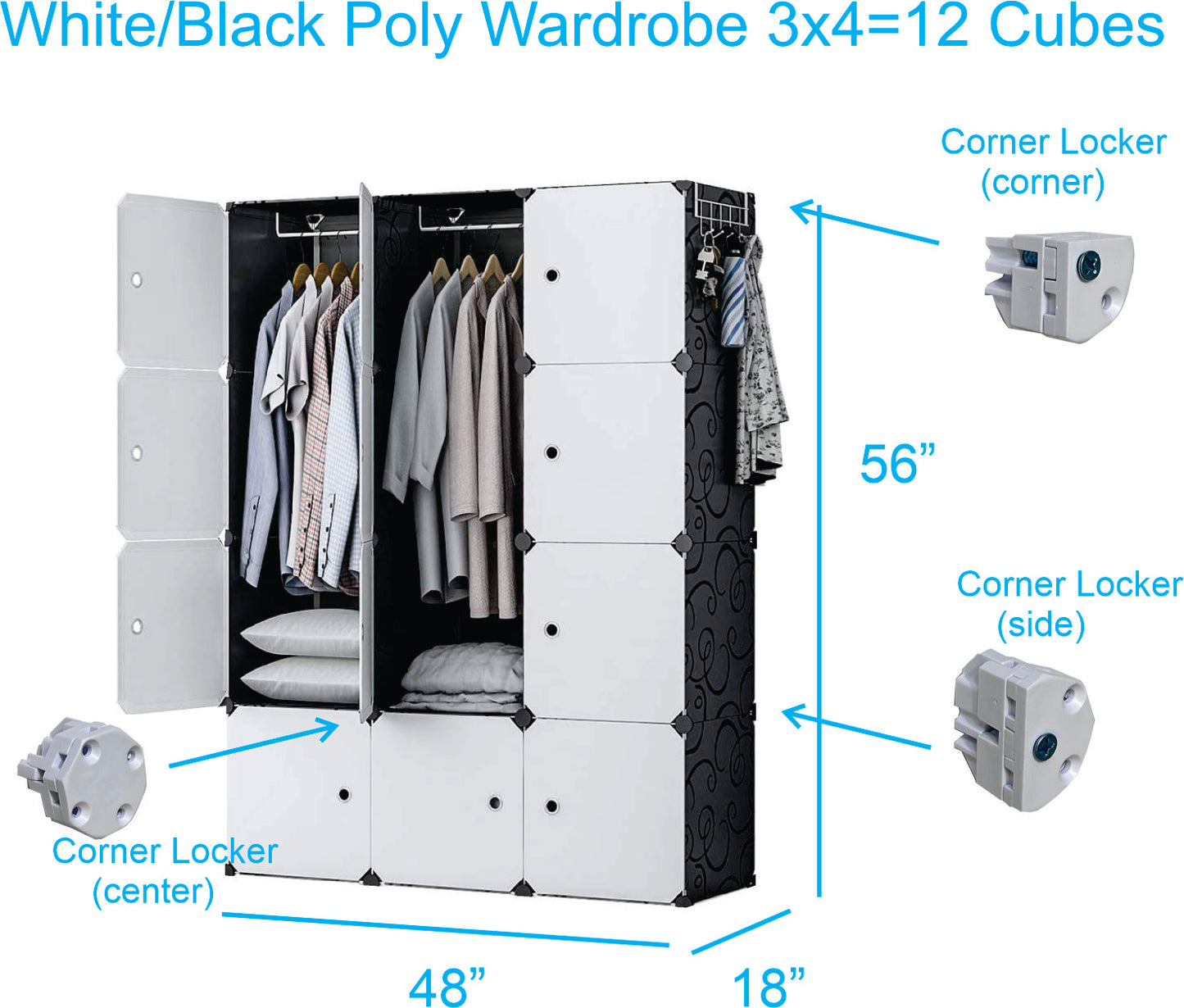 Poly-panel Wardrobes,14" Wide x 18" deep. 3Wx4H=12 cubes, Closet Clothes Dresser Storage Organizer