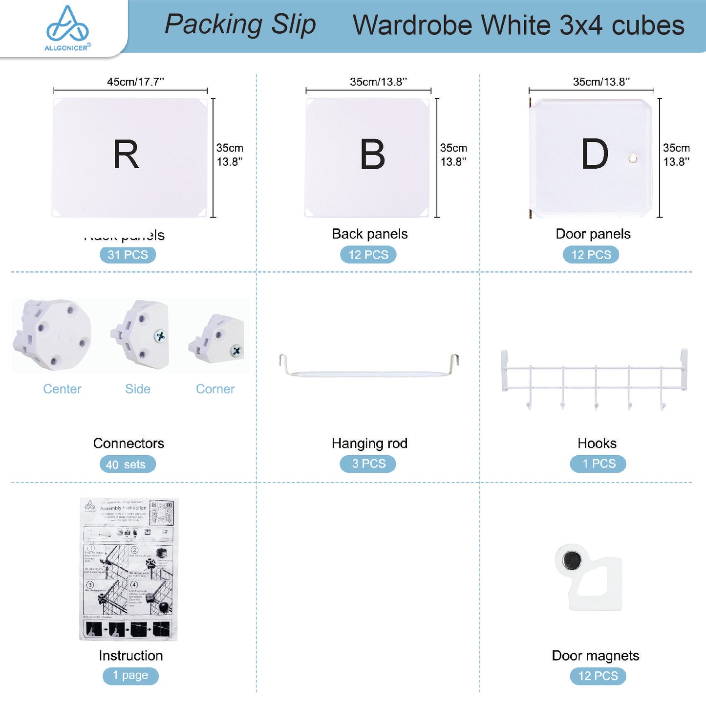 Poly-panel Wardrobes,14" Wide x 18" deep. 3Wx4H=12 cubes, Closet Clothes Dresser Storage Organizer