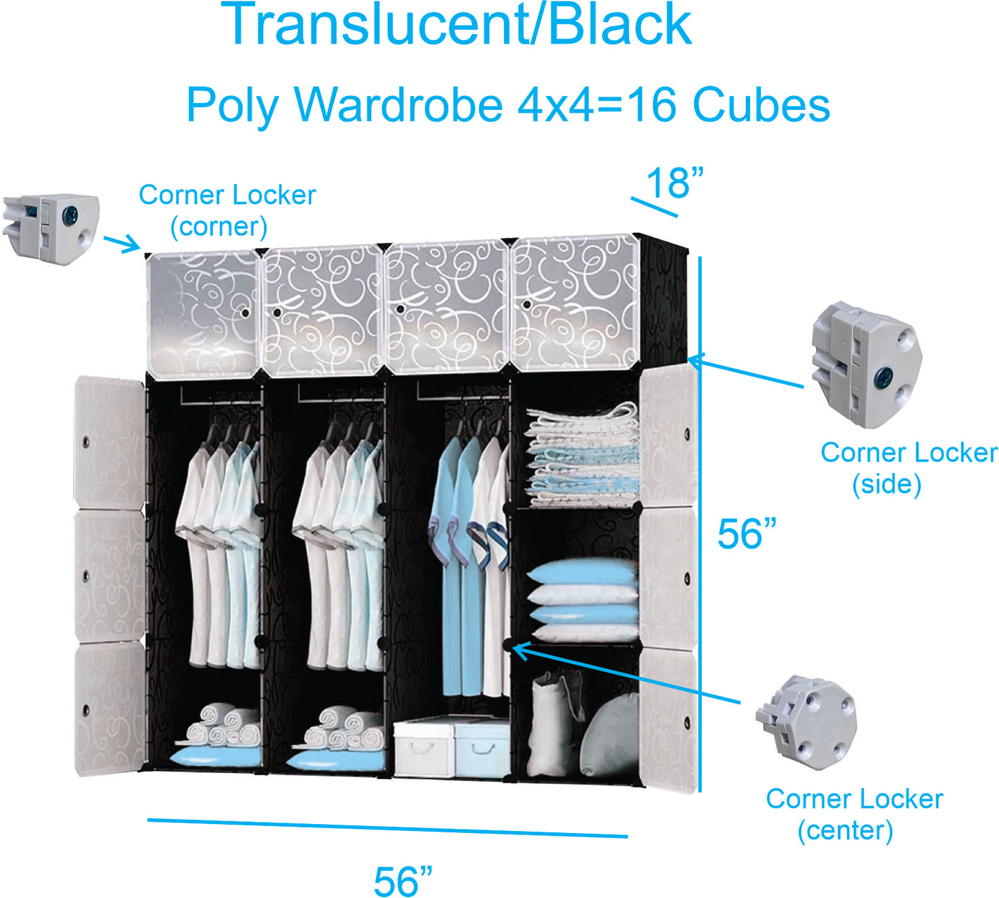 Poly-panel Wardrobes, 14" Wide x18" Deep, 4WX4H=16 Cubes, Closet Clothes Dresser Storage Organizer