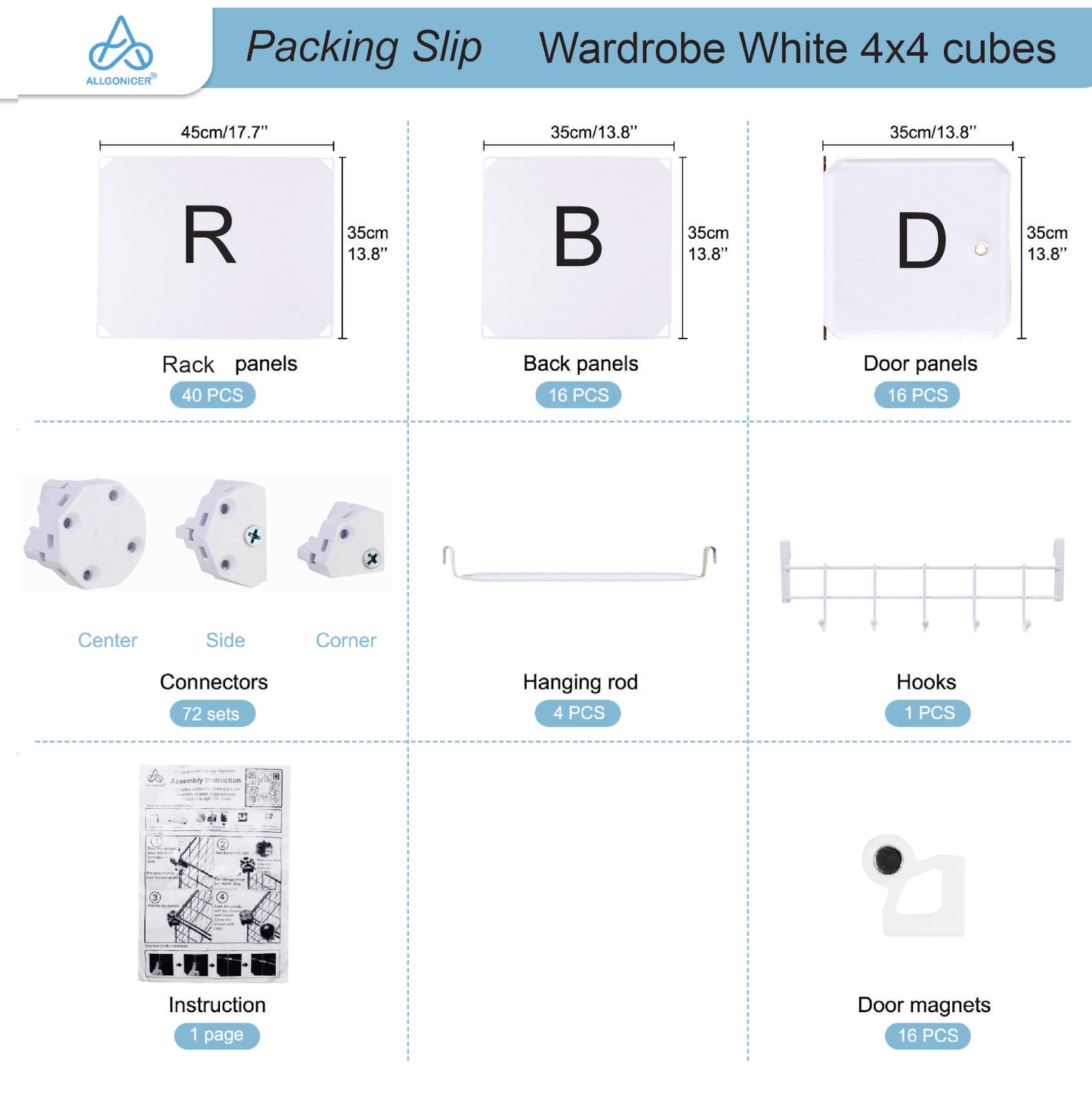 Poly-panel Wardrobes, 14" Wide x18" Deep, 4WX4H=16 Cubes, Closet Clothes Dresser Storage Organizer