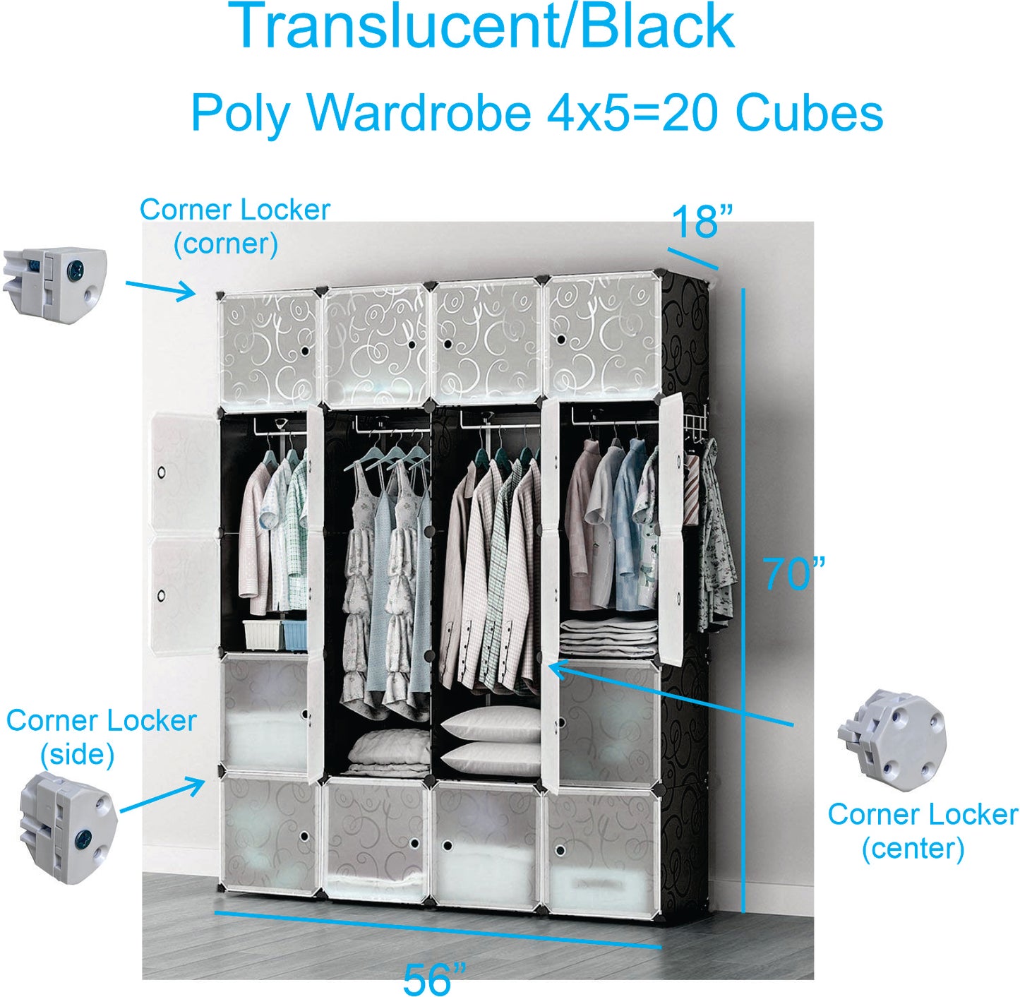 Poly-panel Wardrobes, 14" Wide x 18" Deep, 4Wx5H=20Cubes, Armoires, Clothes Dresser, Closet Storage Organizer