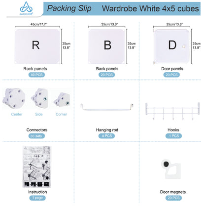 Poly-panel Wardrobes, 14" Wide x 18" Deep, 4Wx5H=20Cubes, Armoires, Clothes Dresser, Closet Storage Organizer