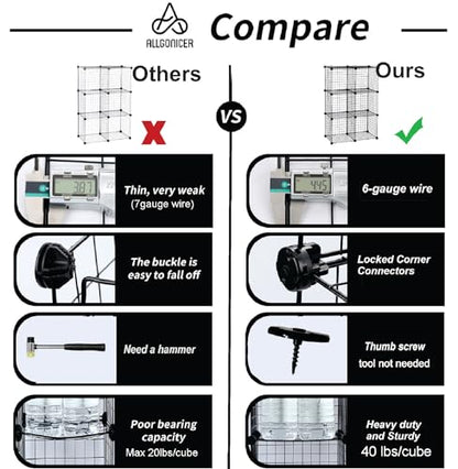 Wire Panel Storage Shelves. Patented Interlock Cubes, Free-standing or Wall-hanging, 14" or 16" cubes, Black or White Sturdy and Heavy Duty (6 Cubs)