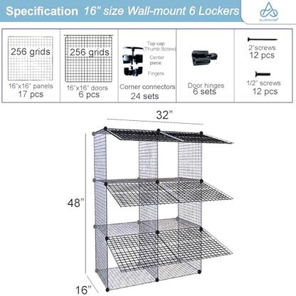 Wire Grid See-through Lockers. Free-standing or Wall-mounting Interlocked 16" Cubes Fit Most Personal carryings-on.