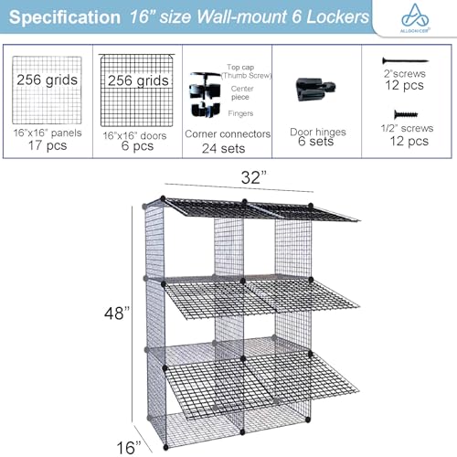 Wire Grid See-through Lockers. Free-standing or Wall-mounting Interlocked 16" Cubes Fit Most Personal carryings-on.