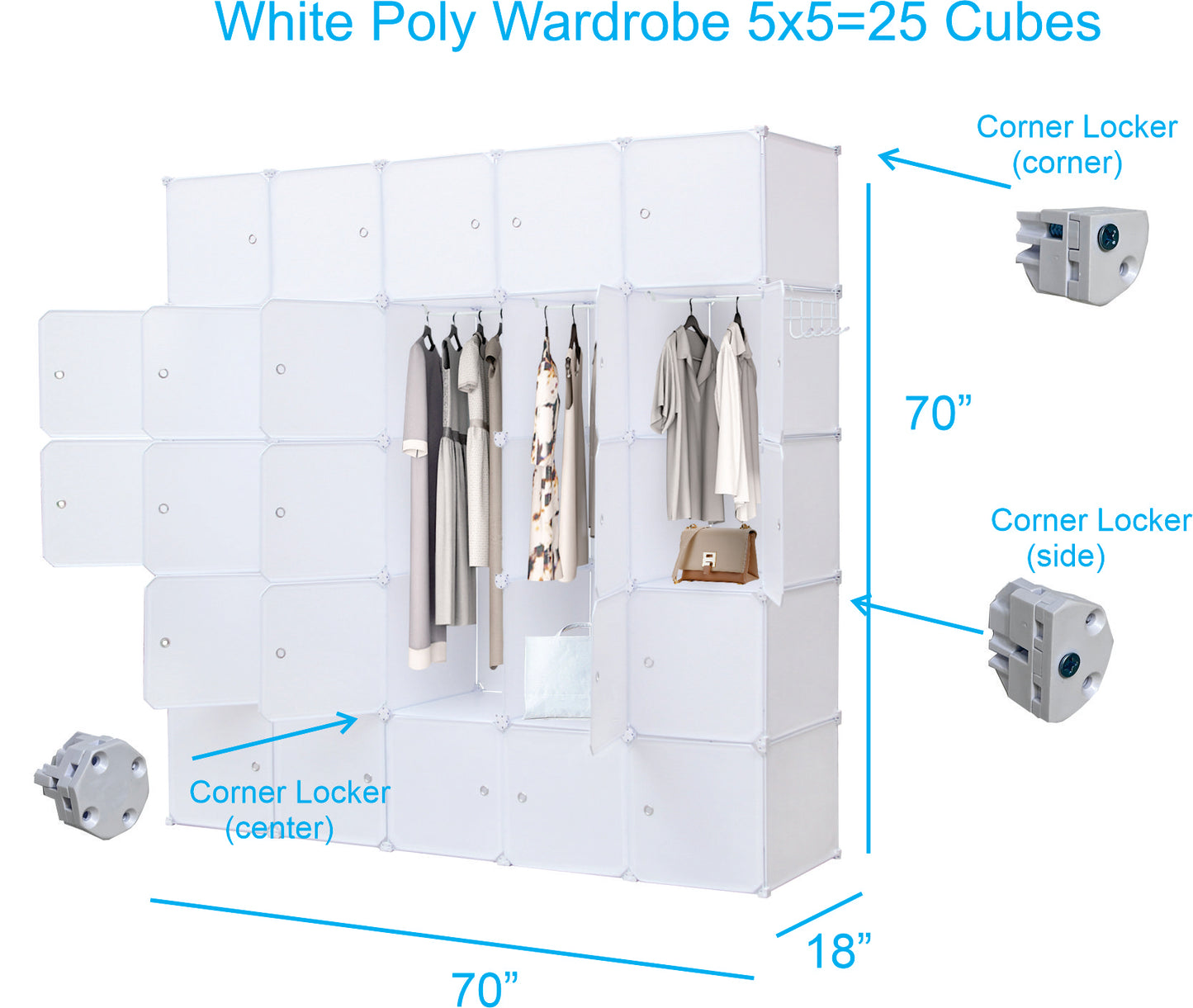 DIY Assemble Poly-panel Wardrobes, Closet Clothes Dresser Storage Organizer, 18" Deep, Free-Standing or Wall-Hanging. (5Wx5H=25Cubes)