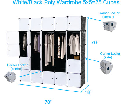 DIY Assemble Poly-panel Wardrobes, Closet Clothes Dresser Storage Organizer, 18" Deep, Free-Standing or Wall-Hanging. (5Wx5H=25Cubes)