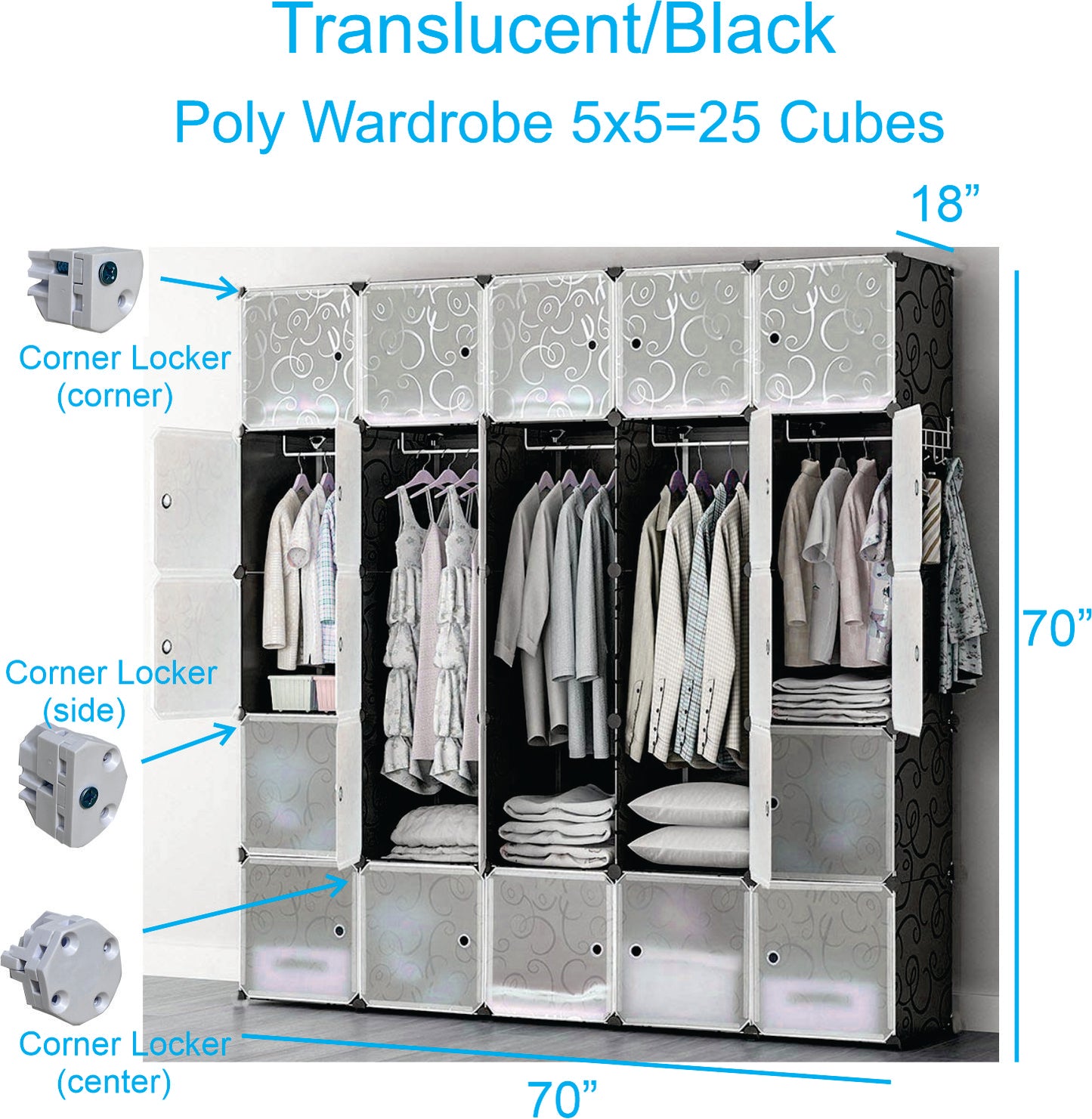 DIY Assemble Poly-panel Wardrobes, Closet Clothes Dresser Storage Organizer, 18" Deep, Free-Standing or Wall-Hanging. (5Wx5H=25Cubes)