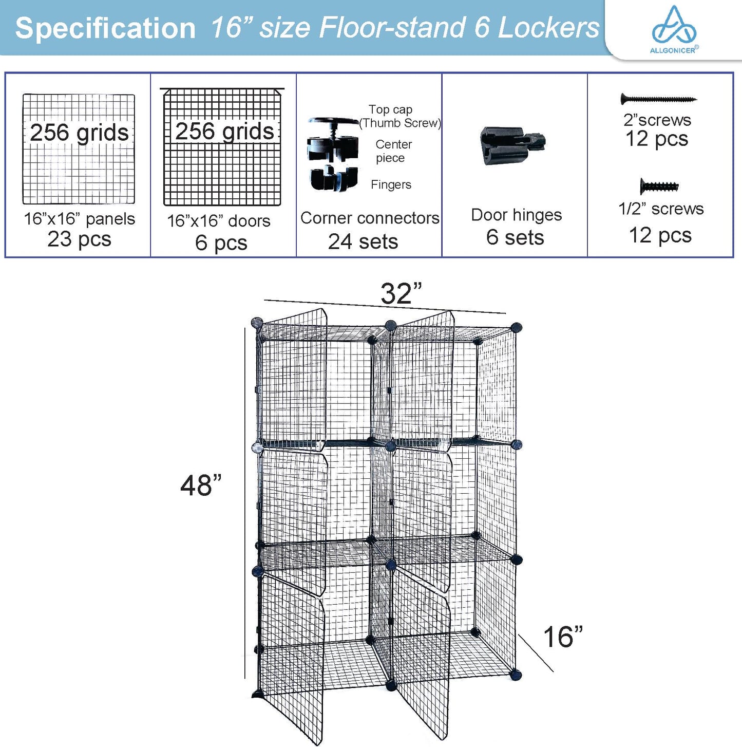 Wire Grid See-through Lockers. Free-standing or Wall-mounting Interlocked 16" Cubes Fit Most Personal carryings-on.