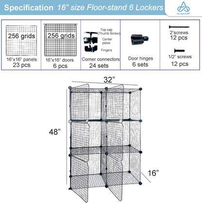 Wire Grid See-through Lockers. Free-standing or Wall-mounting Interlocked 16" Cubes Fit Most Personal carryings-on.