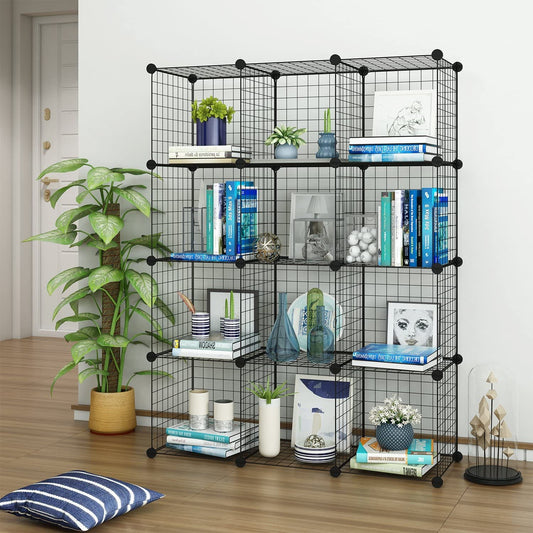 Wire Panel Storage Shelves. Patented Interlock Cubes, Free-standing or Wall-hanging, 14" or 16" cubes, Black or White, Sturdy and Heavy Duty. (12 Cubs)