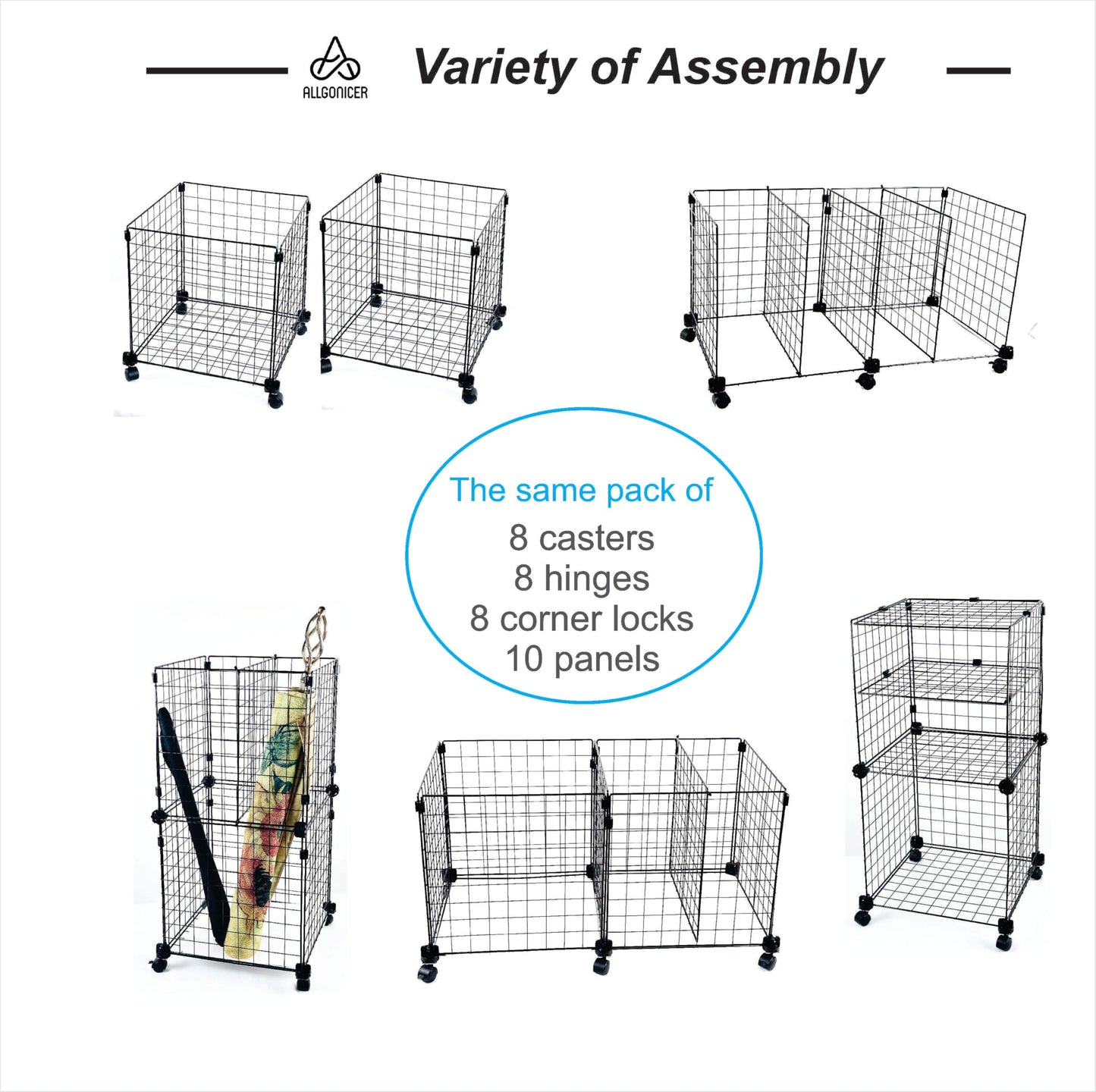 Wire Grid Rolling Carts Storage Bins, DIY assembly into single or multi-compartment carts, vertical or horizontal