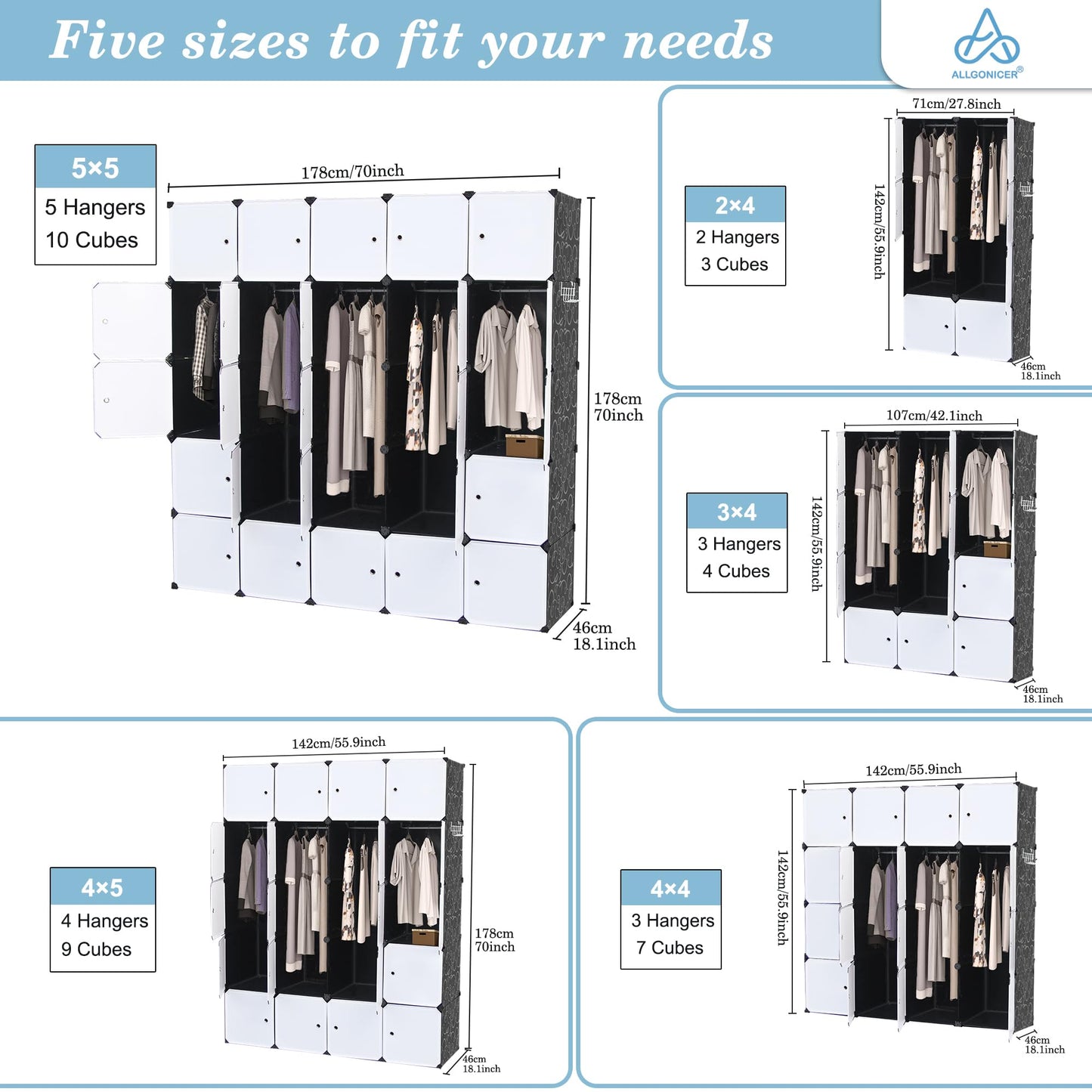 DIY Assemble Poly-panel Wardrobes, Closet Clothes Dresser Storage Organizer, 18" Deep, Free-Standing or Wall-Hanging. (5Wx5H=25Cubes)