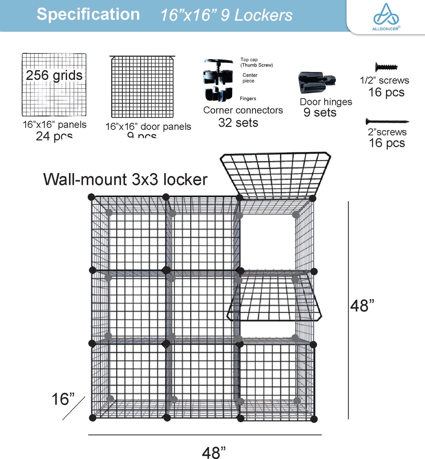 Wire Grid See-through Lockers. Free-standing or Wall-mounting Interlocked 16" Cubes Fit Most Personal carryings-on.