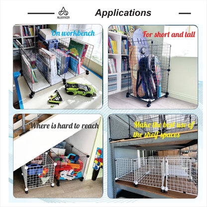 Wire Grid Rolling Carts Storage Bins, DIY assembly into single or multi-compartment carts, vertical or horizontal