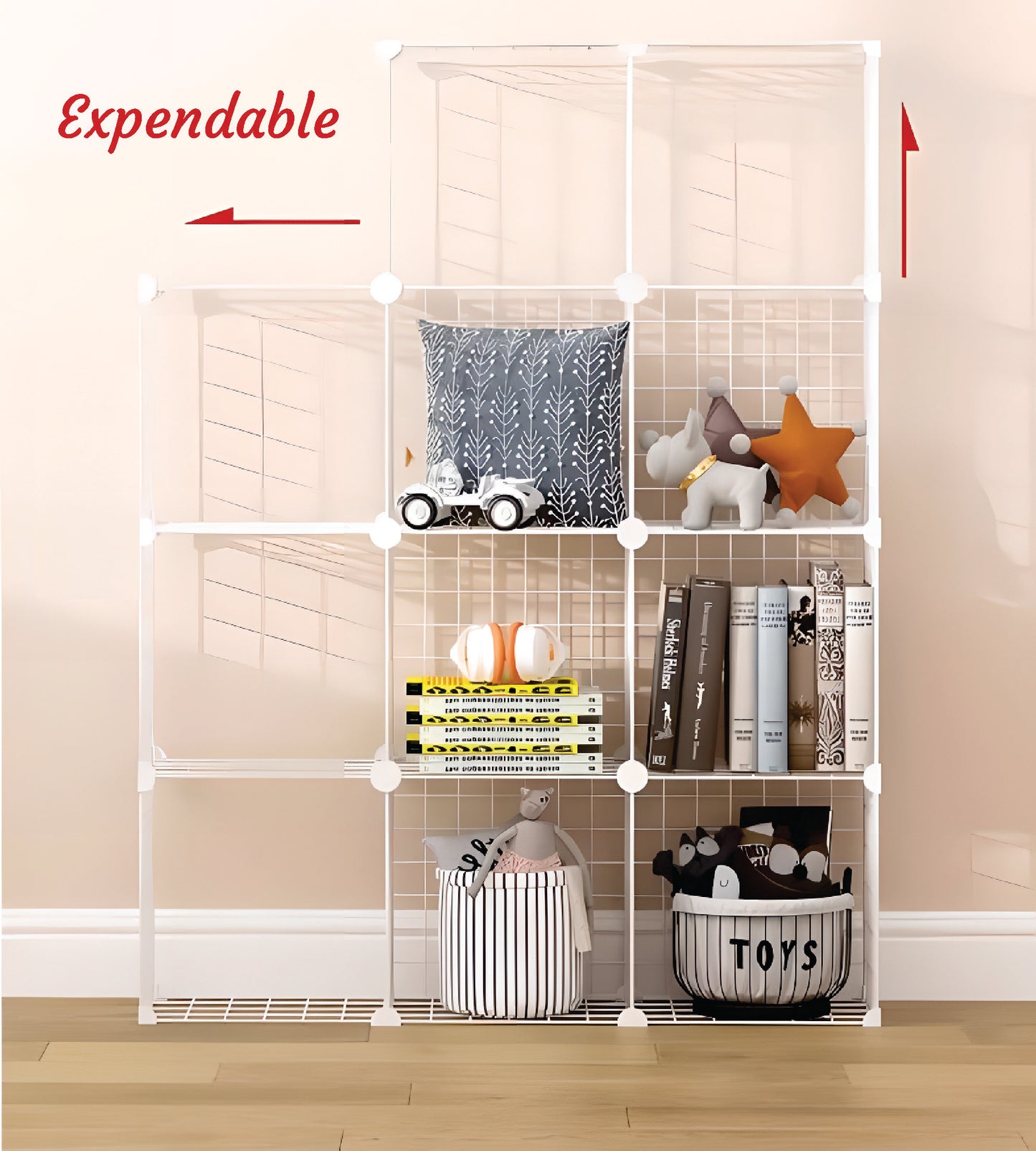 Wire Panel Storage Shelves. Patented Interlock Cubes, Free-standing or WEall-hanging, 14" or 16" Cubic Units, Sturdy and Heavy Duty, Black or White (2 Cubs)